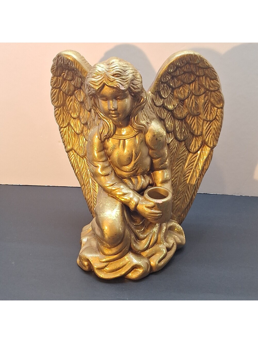 Rare 1996  Vintage Enesco Gold Ceramic Angel Candle Holder Kneeling Figurine A